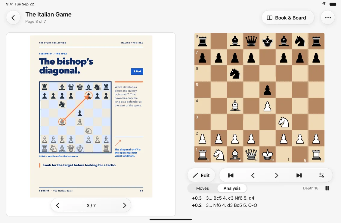 Book2Board on iPad: a chess PDF alongside an interactive board and Stockfish analysis.