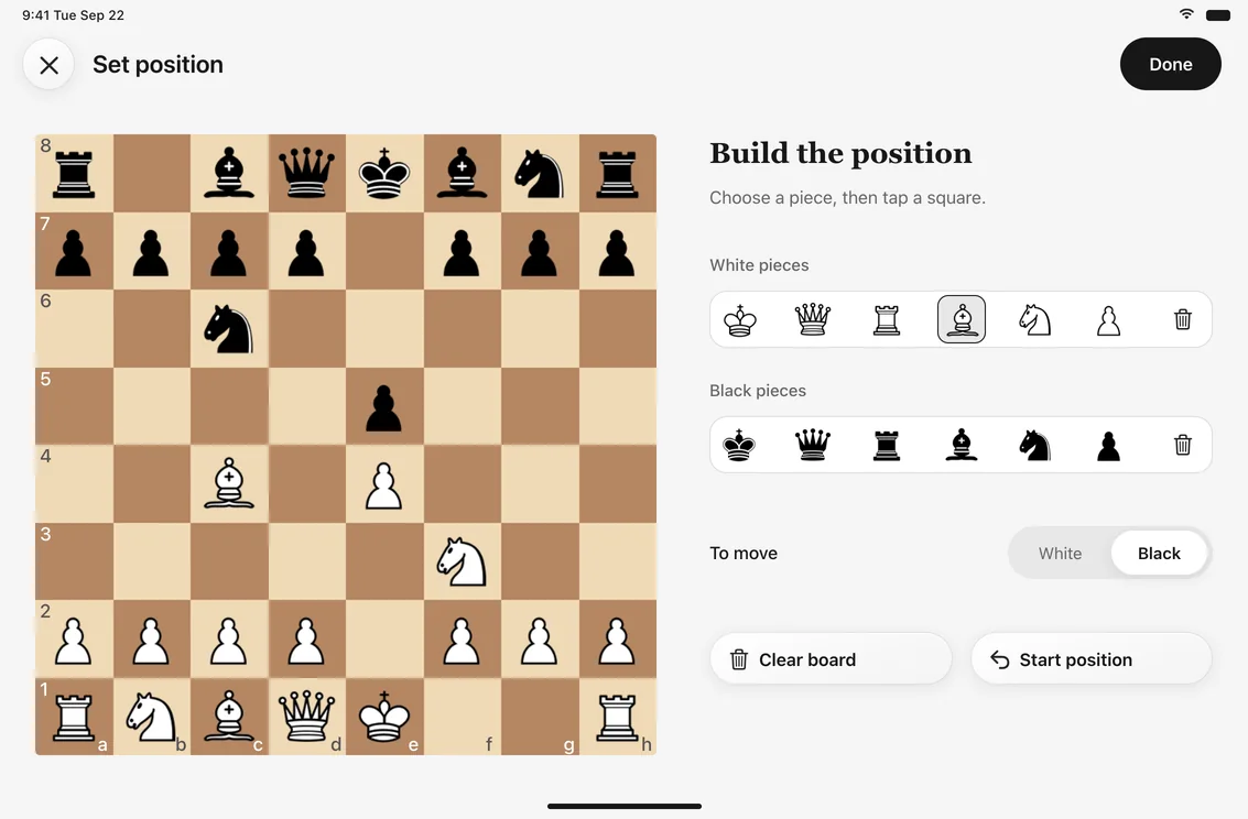 The position editor lets you place pieces on the board and choose the side to move.