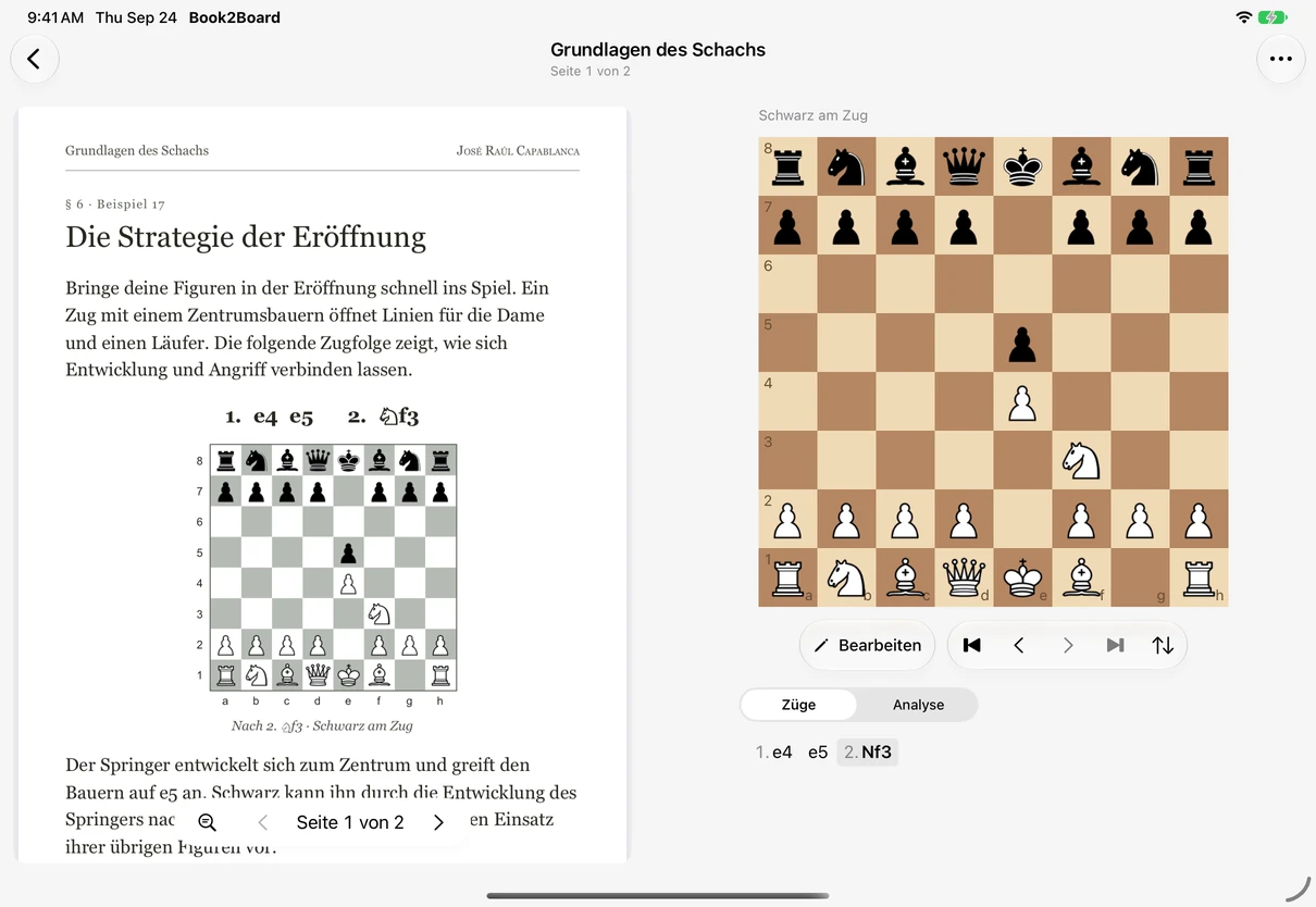 Book2Board auf dem iPad: ein Schach-PDF neben einem interaktiven Brett und der Stockfish-Analyse.