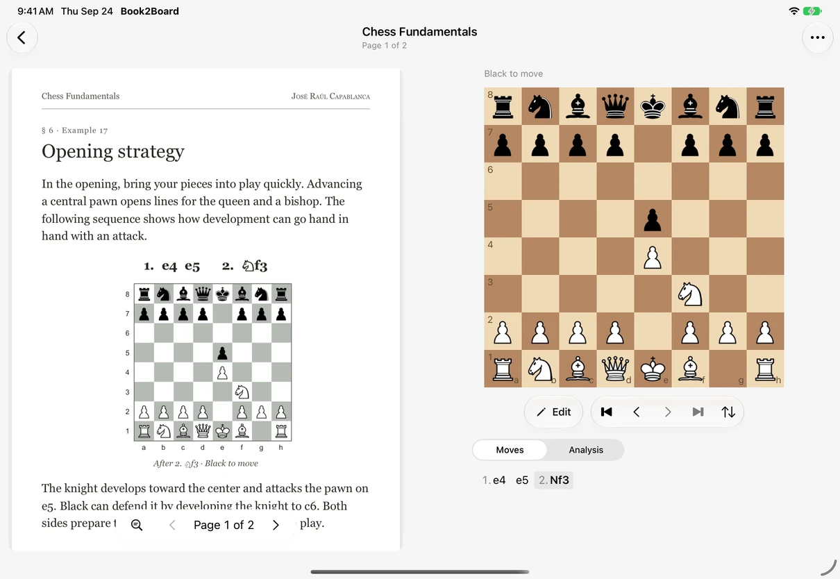Book2Board on iPad: a chess PDF alongside an interactive board and Stockfish analysis.