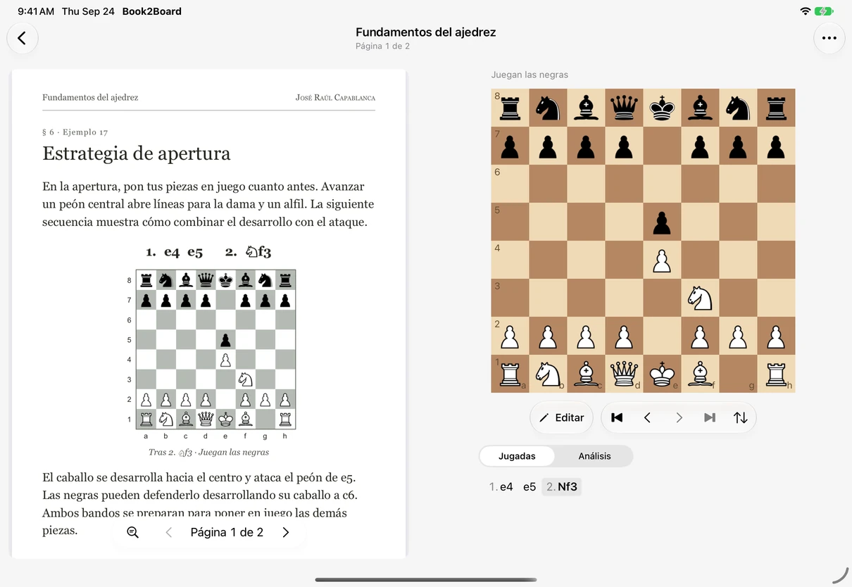 Book2Board en iPad: un PDF de ajedrez junto a un tablero interactivo y el análisis de Stockfish.