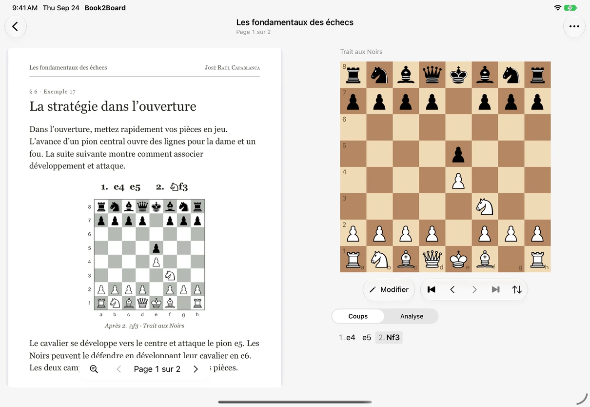 Book2Board sur iPad : un PDF d’échecs à côté d’un échiquier interactif et de l’analyse Stockfish.