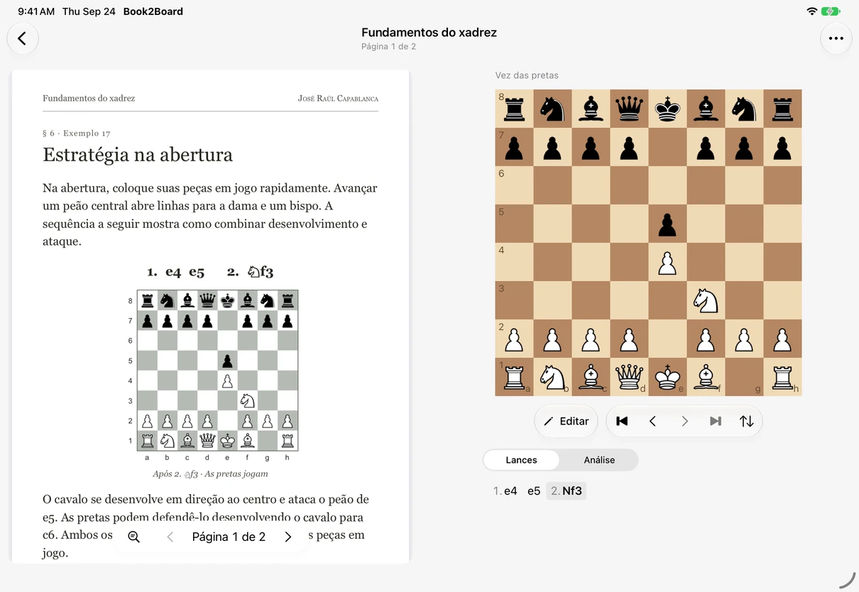 Book2Board no iPad: um PDF de xadrez ao lado de um tabuleiro interativo e da análise do Stockfish.